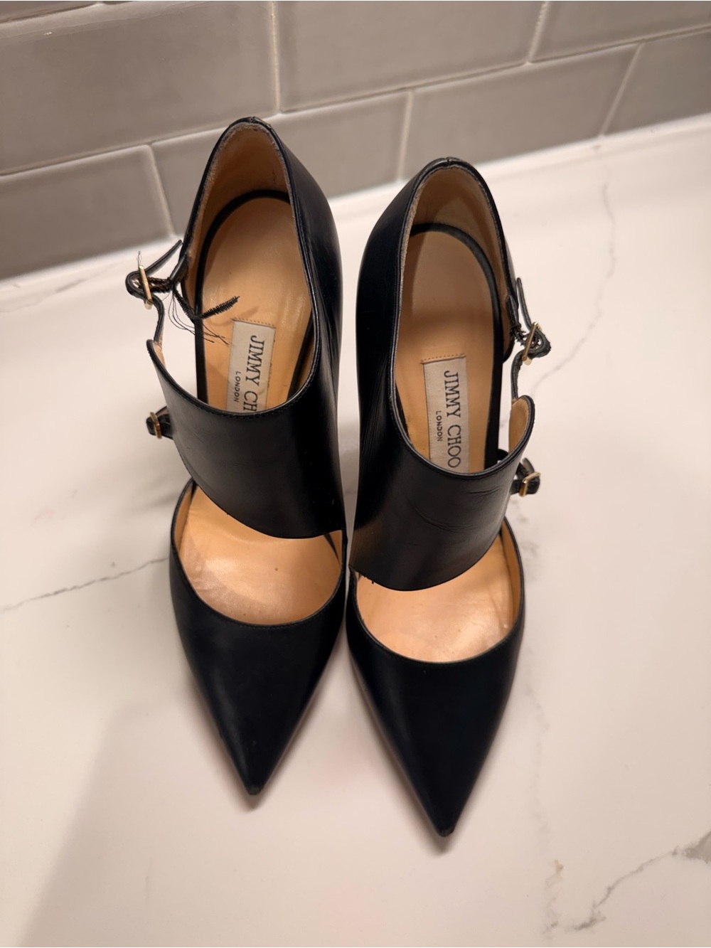 Jimmy Choo Black Leather Double-Strap Pointed Toe Pumps